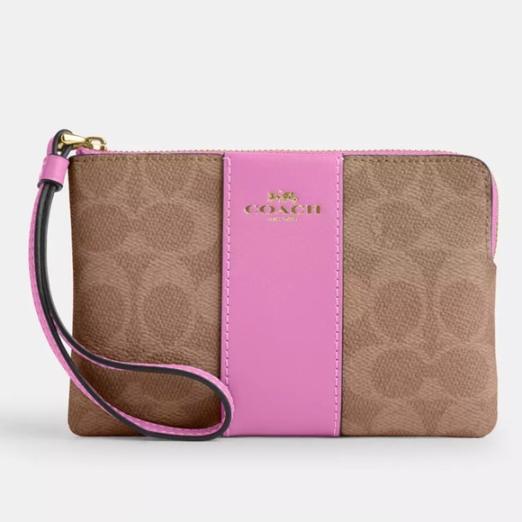 Coach Corner Zip Wristlet w/ Stripe in Sig Canvas & Leather Gold/Tan/Fuchsia NWT - Picture 10 of 16
